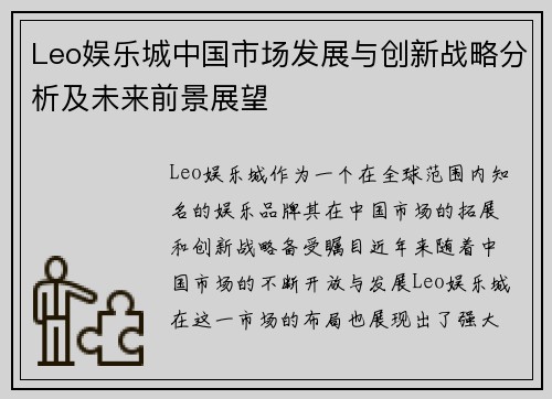 Leo娱乐城中国市场发展与创新战略分析及未来前景展望
